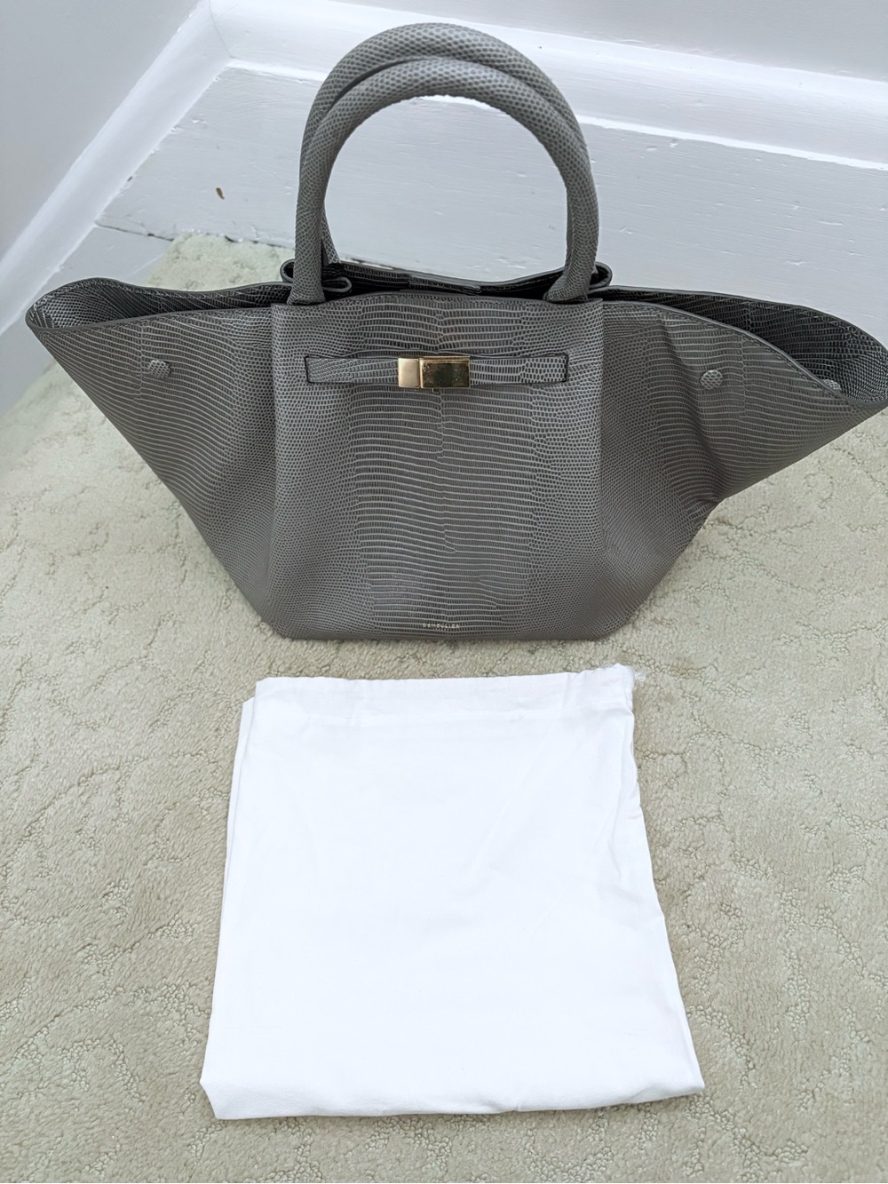 DeMellier The Midi New York Embossed Lizard Gray Tote with Gold Hardware